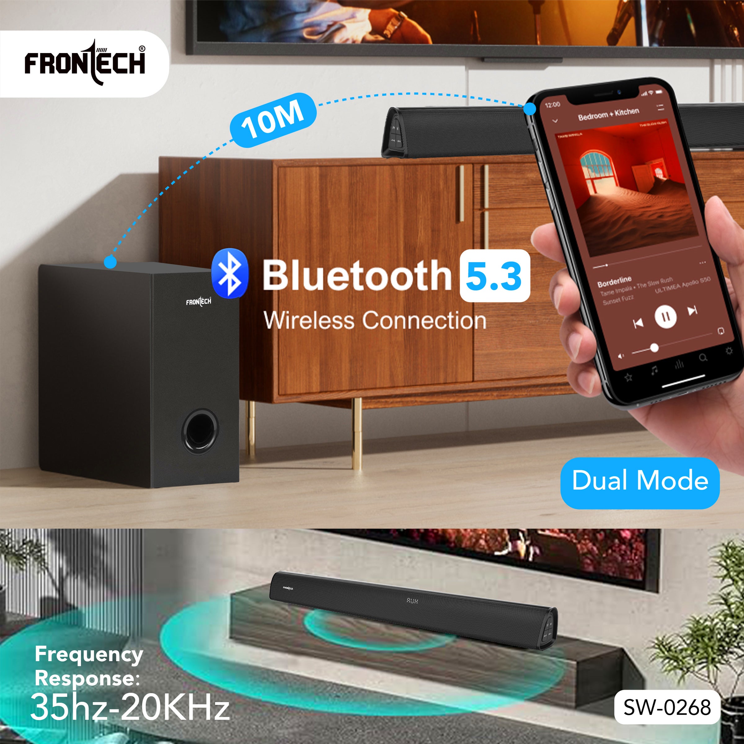 Frontech ECHOMAX-268 2.1 Soundbar System | 240W Power | Bluetooth 5.3 | HDMI ARC | Optical Audio | Deep Bass with Wired Subwoofer and Remote (SW-0268)