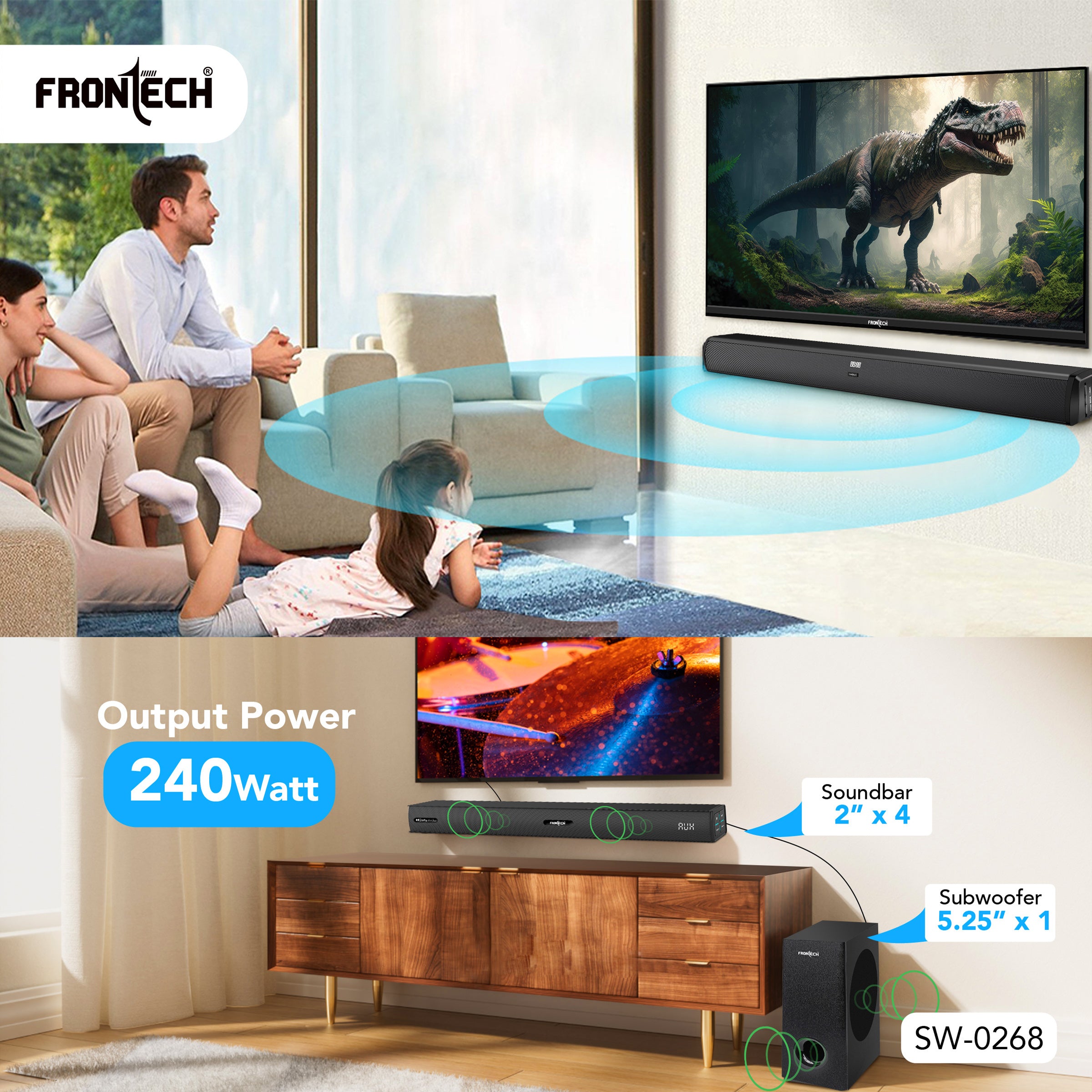 Frontech ECHOMAX-268 2.1 Soundbar System | 240W Power | Bluetooth 5.3 | HDMI ARC | Optical Audio | Deep Bass with Wired Subwoofer and Remote (SW-0268)