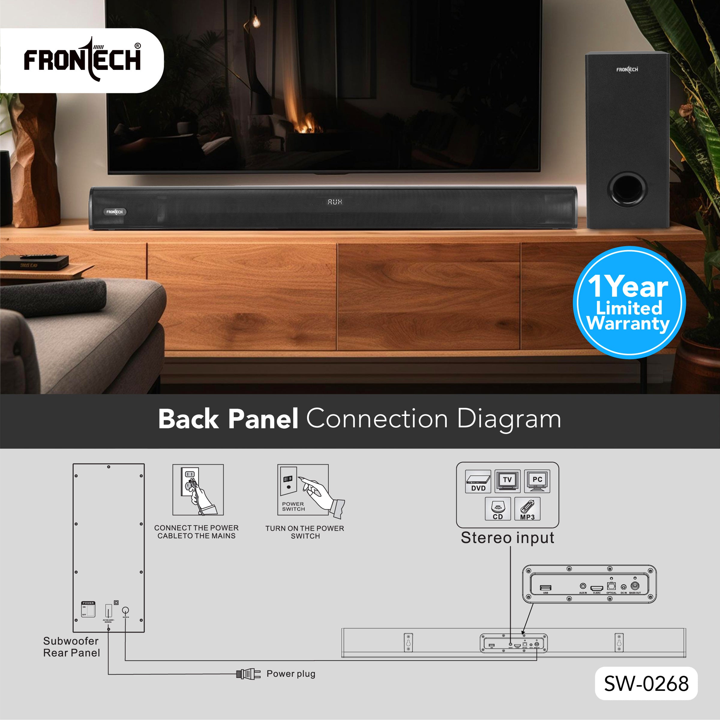 Frontech ECHOMAX-268 2.1 Soundbar System | 240W Power | Bluetooth 5.3 | HDMI ARC | Optical Audio | Deep Bass with Wired Subwoofer and Remote (SW-0268)
