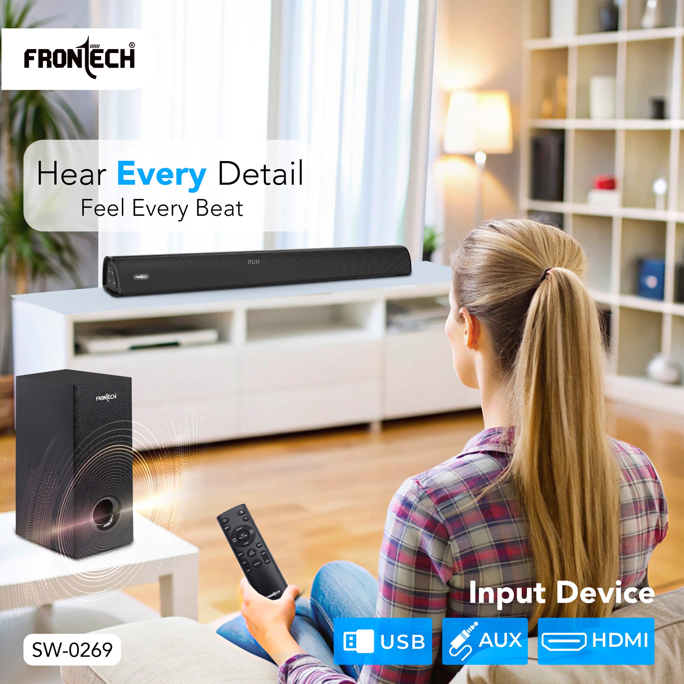 Frontech EchoMax-269 2.1 Channel Soundbar | Bluetooth 5.3 | Wireless Connectivity | 200W | Powerful Bass (SW-0269)