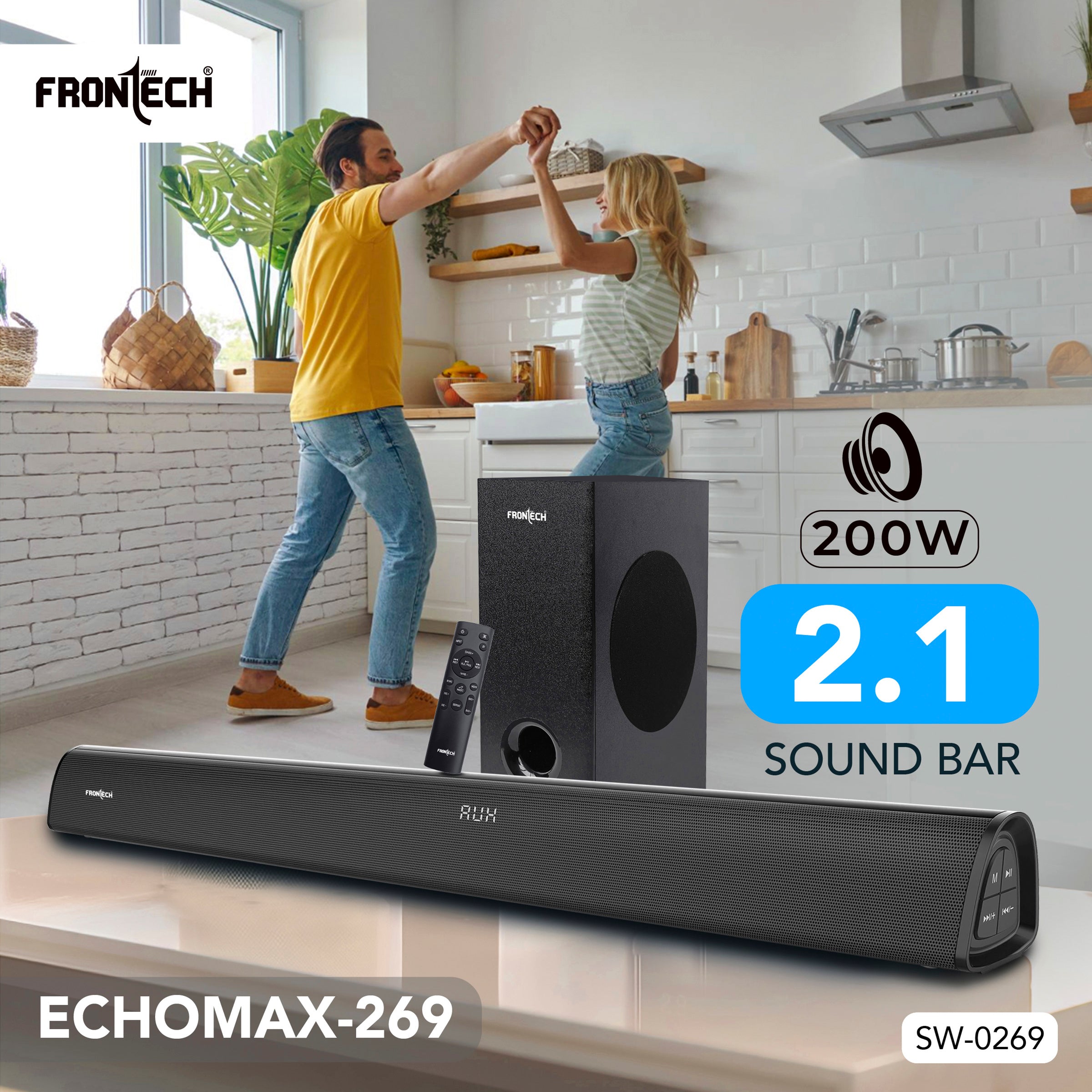 Frontech EchoMax-269 2.1 Channel Soundbar | Bluetooth 5.3 | Wireless Connectivity | 200W | Powerful Bass (SW-0269)
