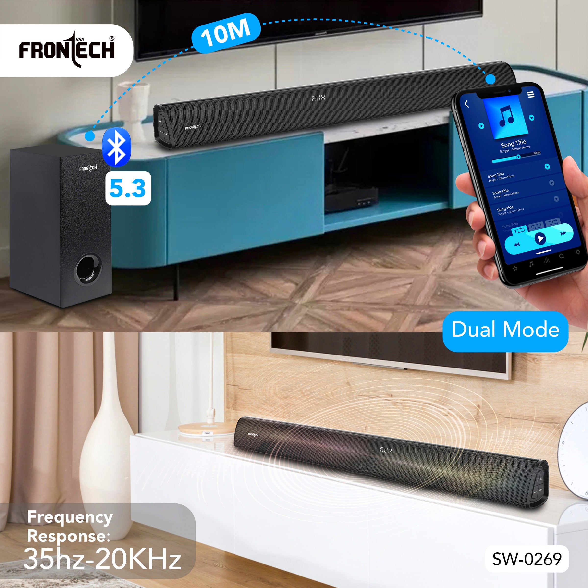 Frontech EchoMax-269 2.1 Channel Soundbar | Bluetooth 5.3 | Wireless Connectivity | 200W | Powerful Bass (SW-0269)