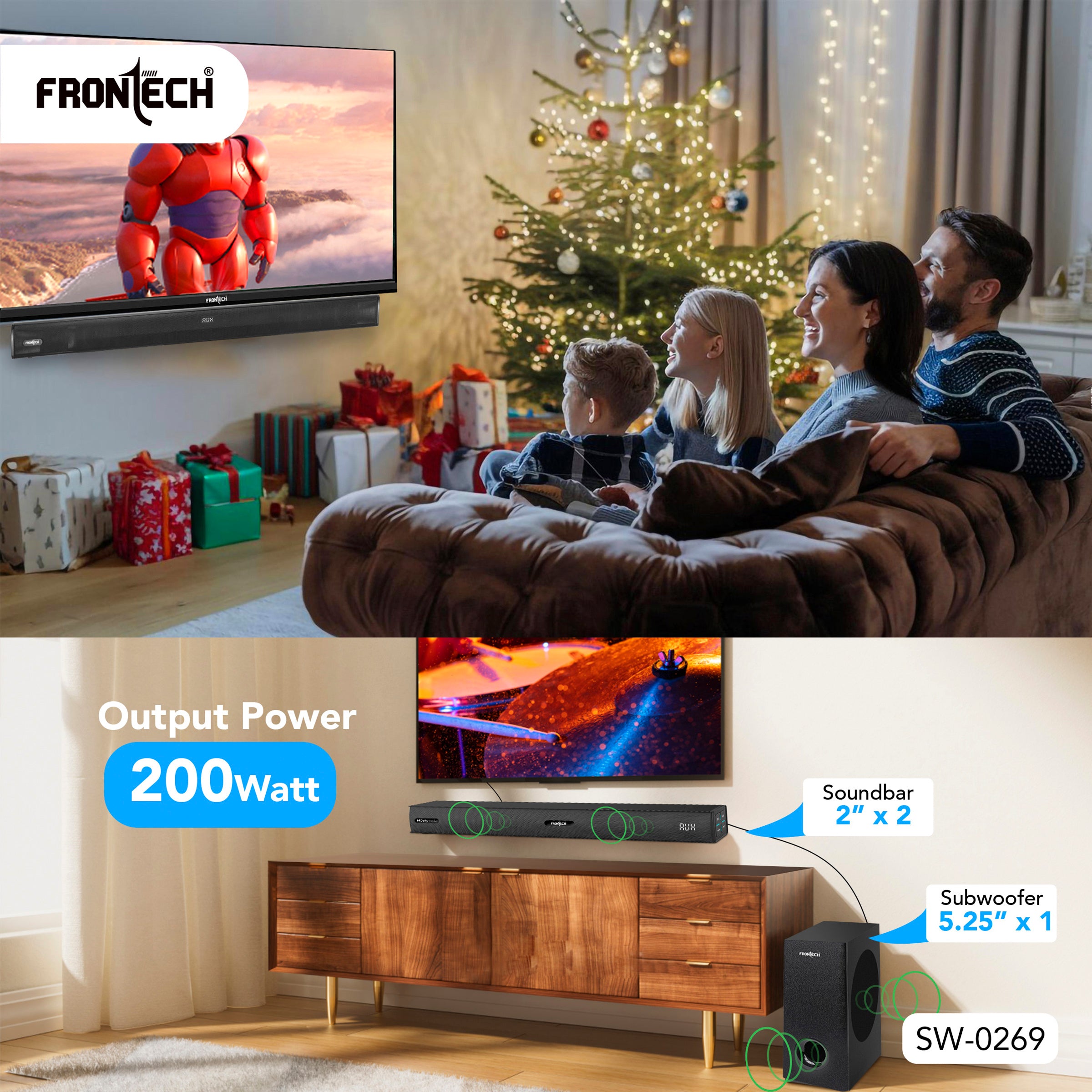 Frontech EchoMax-269 2.1 Channel Soundbar | Bluetooth 5.3 | Wireless Connectivity | 200W | Powerful Bass (SW-0269)