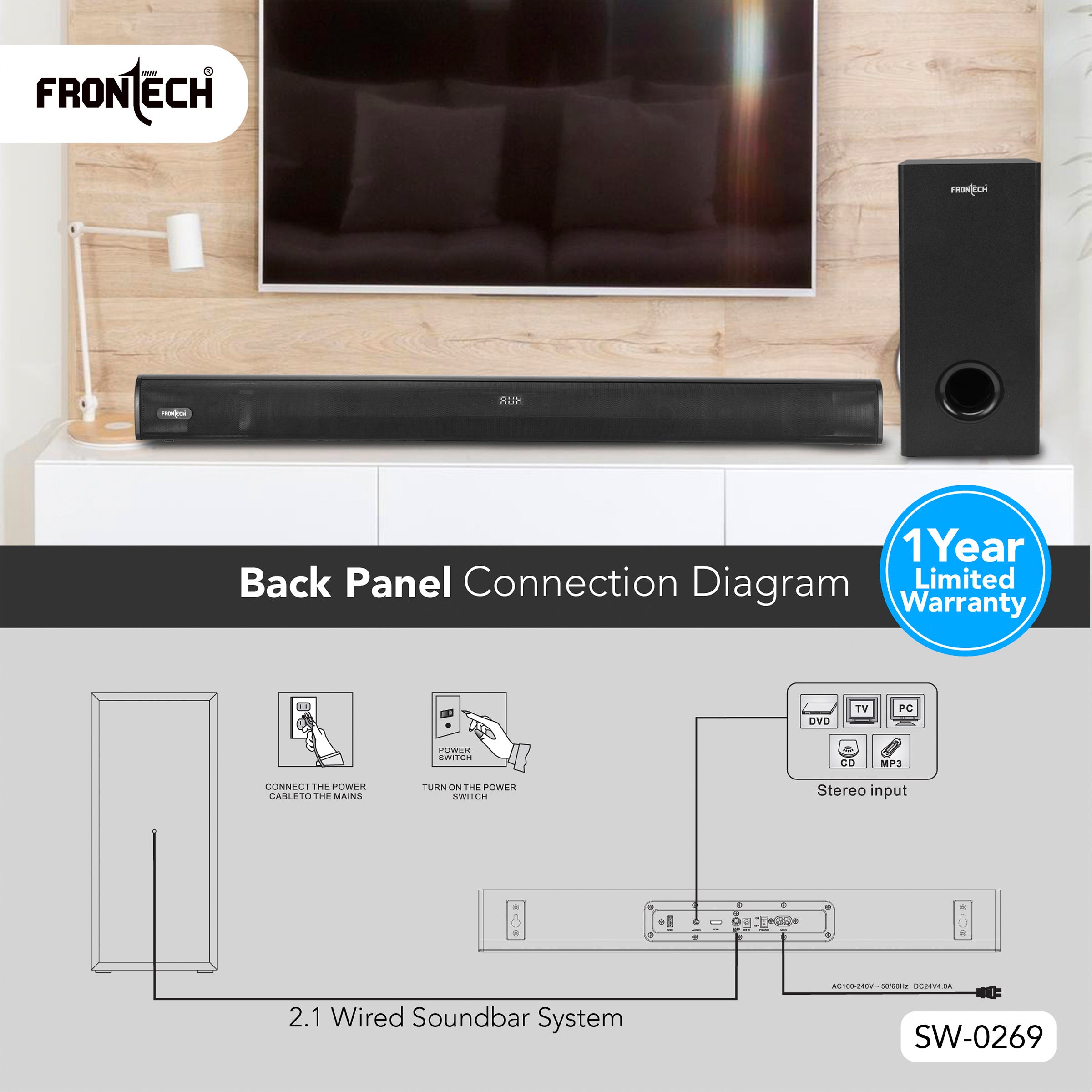 Frontech EchoMax-269 2.1 Channel Soundbar | Bluetooth 5.3 | Wireless Connectivity | 200W | Powerful Bass (SW-0269)