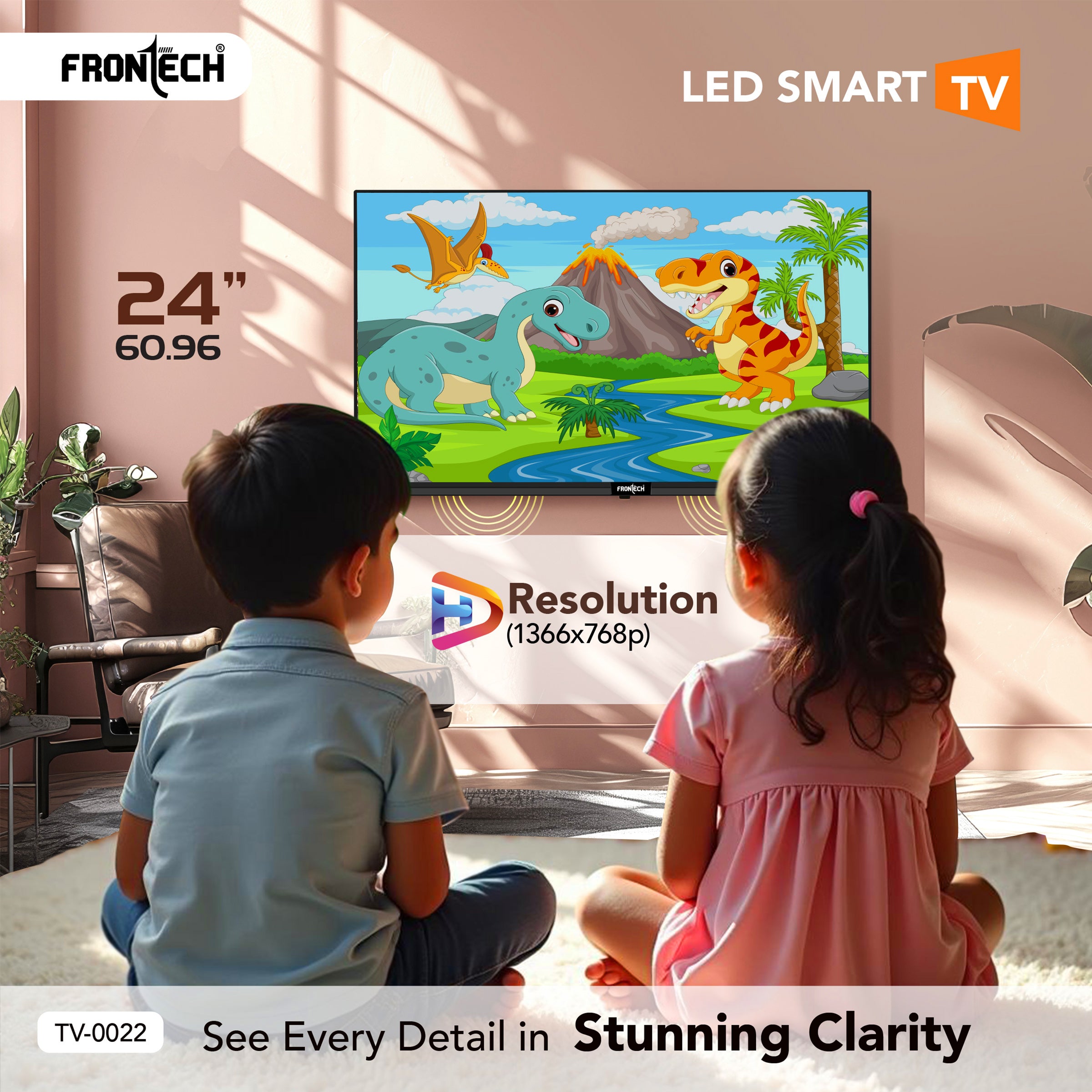 Frontech 24-Inch HD Ready LED Smart TV | 1366x768p Resolution | Dual 10W Speakers | Wi-Fi | HDMI/USB/AV Ports | IR Remote | Wall Mountable | AOSP OS (TV-0022)