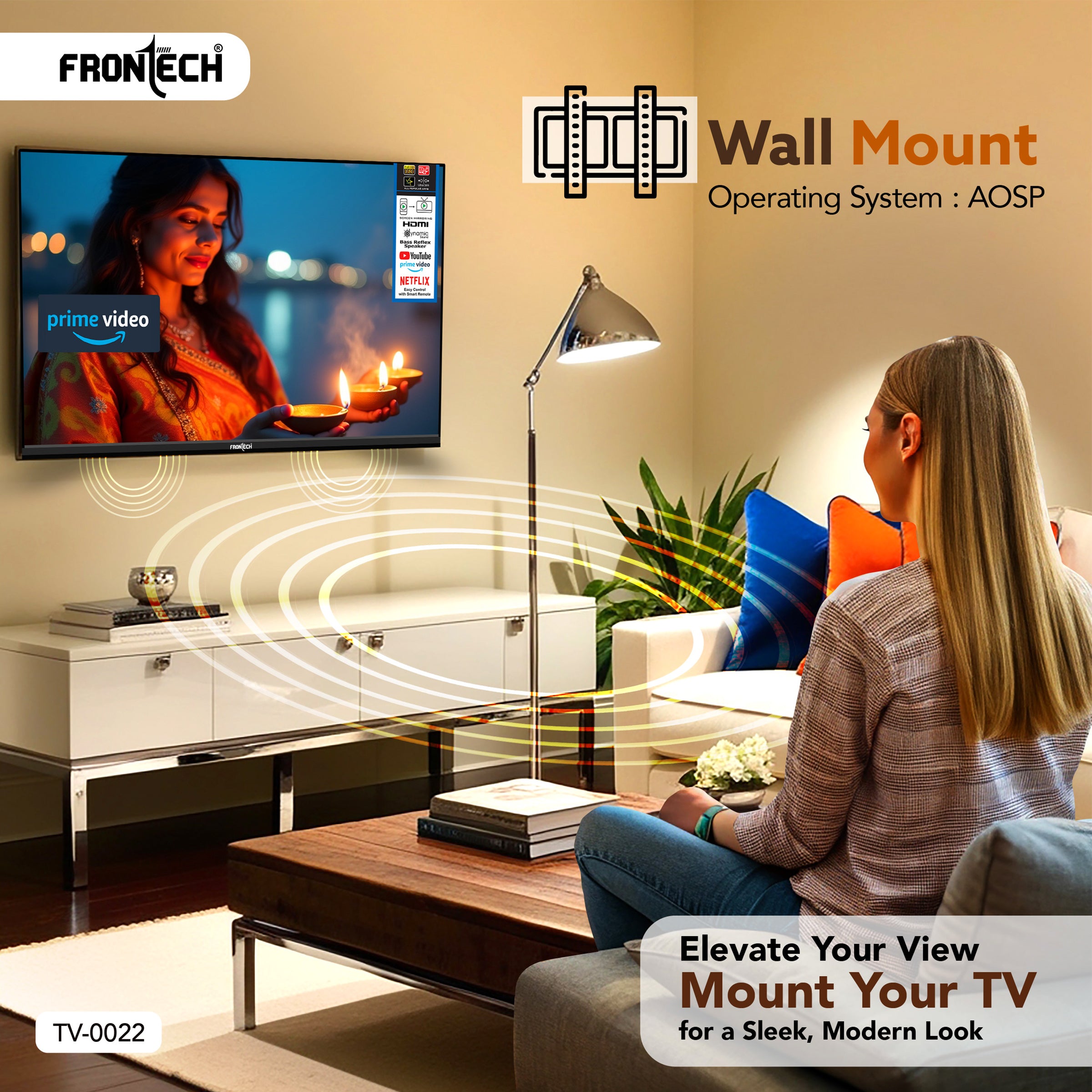 Frontech 24-Inch HD Ready LED Smart TV | 1366x768p Resolution | Dual 10W Speakers | Wi-Fi | HDMI/USB/AV Ports | IR Remote | Wall Mountable | AOSP OS (TV-0022)