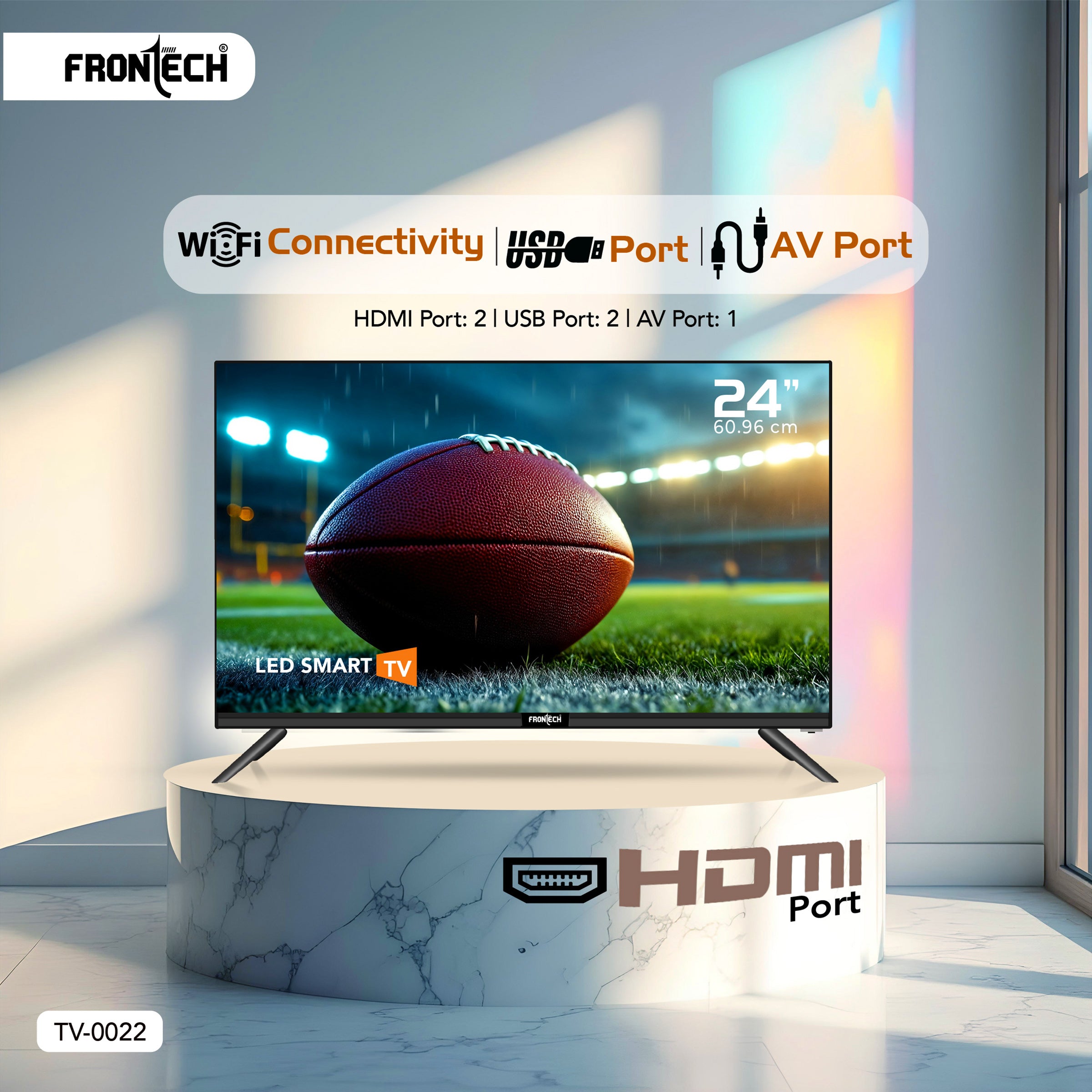 Frontech 24-Inch HD Ready LED Smart TV | 1366x768p Resolution | Dual 10W Speakers | Wi-Fi | HDMI/USB/AV Ports | IR Remote | Wall Mountable | AOSP OS (TV-0022)